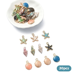 (52) Непрозрачная лаванда 30 шт 15 стили подвески из сплава эмали, морская звезда и форма раковины, золотой свет, разноцветные, 18~19.5x7.5~15x3~6.5 мм, отверстие : 1.4~2.5 мм, 2 шт / стиль
