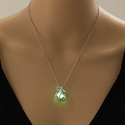 Lime Glow in the Dark Luminous Alloy Cage Pendant Necklaces, Cat Shape, Lime, 17.72 inch(45cm)