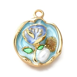 Аквамарин Подвески из эмали и сплава, с имитацией АБС-жемчуга и блестящей пудрой, плоские круглые с цветком, стойки покрытие, долговечный, без свинца, без кадмии и без никеля, золотые, аквамарин, 23.5x19.5x6 мм, отверстие : 1.8 мм