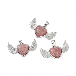 Strawberry Quartz Natural Strawberry Quartz Pendants, Heart Charms with Wing, with Platinum Tone Brass Findings, 22x37.5x7mm, Hole: 7.5x5mm