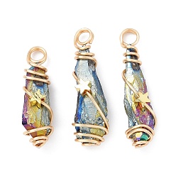 Golden Electroplated Raw Rough Natural Quartz Crystal Copper Wire Wrapped Pendants, Rainbow Plated Teardrop Charms with Brass Star Beads, Golden, 25~33x9x8~9mm, Hole: 3mm