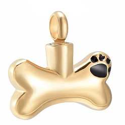 Golden Openable Stainless Steel Memorial Urn Ashes Pendants, Bone with Paw Print, Golden, 23x25mm