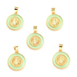 Pale Green Brass Enamel Pendants, Cadmium Free & Lead Free, Long-Lasting Plated, Flat Round with Virgin Mary, Real 18K Gold Plated, Pale Green, 18x16x2.5mm, Hole: 4.5x3.5mm
