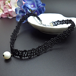 X429 Lace Pearl Handmade Black Crystal Fringe Lace Choker Necklace with Tassel Decoration