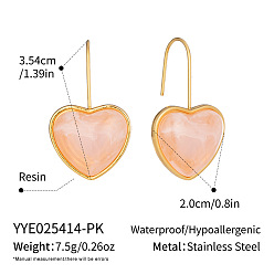 Персиковый Слойка Из нержавеющей стали сердца 304 болтаться серьги, cmолой, реальный 18 k позолоченный, розовые, 35.4x20 мм