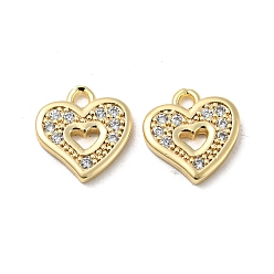 Real 18K Gold Plated Brass Micro Pave Cubic Zirconia Pendants, Heart, Real 18K Gold Plated, 10.5x10x1.5mm, Hole: 1.4mm
