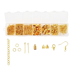 Golden 300Pcs DIY Jewelry Finding Kits, Including Zinc Alloy Lobster Claw Clasps, Iron Earring Hook, Chain Extenders, Jump Ring, Eye Pin, Brass Cord Ends, Golden