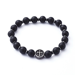 Stainless Steel Color Natural Black Agate(Dyed) Beads Stretch Bracelets, with Non-Magnetic Synthetic Hematite Beads and Flat Round with Cross 304 Stainless Steel Beads, Stainless Steel Color, Inner Diameter: 1-7/8 inch(4.9cm)