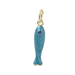 Azul de Medianoche Colgantes de esmalte de bronce, encantos de pescado, con anillo de salto, larga duración plateado, chapado en rack, sin plomo y el cadmio, real 18 k chapado en oro, azul medianoche, 27x6x7 mm, agujero: 6 mm
