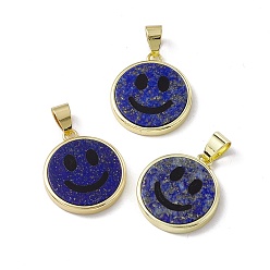 Lapis Lazuli Natural Lapis Lazuli Pendants, Flat Round with Smiling Face Charms, with Rack Plating Golden Tone Brass Findings, Cadmium Free & Lead Free, 21x18.5x3mm, Hole: 4x6mm