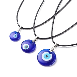 Blue 3Pcs 3 Size Lampwork Evil Eye Pendant Necklaces Set with Waxed Cords for Women, Blue, 17-7/8 inch(45.5cm), 1Pc/size