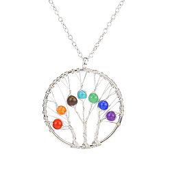 Platinum Natural & Synthetic Mixed Gemstone Tree of Life Pendant Necklace, Brass Wire Wrap Necklace with Alloy Chains, Platinum, 20.87 inch(53cm)