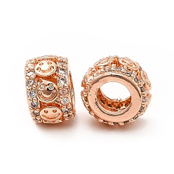 Розовый Позолоченный Покрытие стойки латунь микропаве прозрачные кубические циркониевые бусины, долговечный, без кадмия и без свинца, рондель с улыбающимся лицом, Настоящее розовое золото покрыто, 8x5.5 мм, отверстие : 3.9 мм