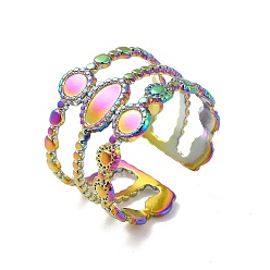 Rainbow Color Ion Plating(IP) 304 Stainless Steel Open Cuff Ring Findings, Ring Setting with Oval & Round Tray, Rainbow Color, US Size 8 1/4(18.3mm), Tray: 2.6mm and 2.6x6mm