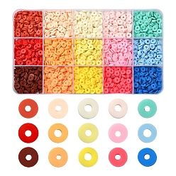 Mixed Color 2250Pcs 15 Colors Eco-Friendly Handmade Polymer Clay Beads, Disc/Flat Round, Heishi Beads, Mixed Color, 6x1mm, Hole: 2mm,  150pcs/color