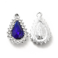 Синий Сплав стекла подвески, каплевидный шарм из хрусталя и горного хрусталя, платина, синие, 22x14x5 мм, отверстие : 2 мм