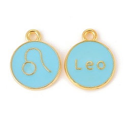 Leo Alloy Enamel Pendants, Flat Round with Constellation/Zodiac Sign, Golden, Sky Blue, Leo, 15x12x2mm, Hole: 1.5mm