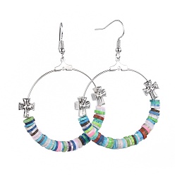 Antique Silver & Platinum Brass Dangle Earrings, with Handmade Polymer Clay Beads, Tibetan Style Alloy Cross Beads and Brass Earring Hooks, Colorful, 64mm, Pin: 0.6mm