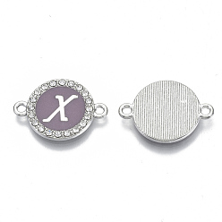 Letter X Alloy Enamel Links Connectors, with Crystal Rhinestones, Flat Round with Letter, Silver Color Plated, Letter.X, 22x16x2mm, Hole: 1.8mm