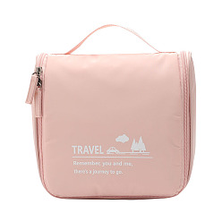 Pink Solid Color Portable Polyester Makeup Storage Bag, Travel Cosmetic Bag, Multi-functional Wash Bag, with Pull Chain and Handle, Pink, 20x20.5x9cm