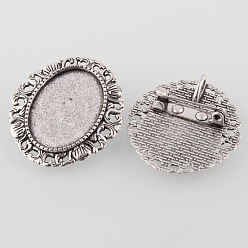 Antique Silver Vintage Alloy Brooch Cabochon Bezel Settings, Cadmium Free & Lead Free, with Iron Pin Back Bar Findings, Antique Silver, Oval Tray: 25x18mm, 34x35x7.5mm, Hole: 5x2mm, Pin: 0.8mm