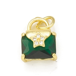 Green Rack Plating Brass Micro Pave Clear Cubic Zirconia Charms, with Jump Rings, Cadmium Free & Lead Free, Long-Lasting Plated, Envelope Handbag with Star Charm, Real 18K Gold Plated, Green, 12.5x9.5x7.5mm, Hole: 3mm