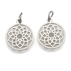 Stainless Steel Color 201 Stainless Steel Pendants, Filigree Flat Round, Chakra, Sahasrara, Stainless Steel Color, 22.5x19x1mm, Hole: 5mm