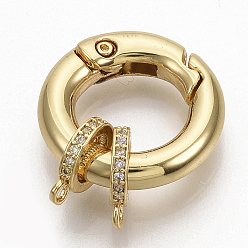 Real 18K Gold Plated Brass Micro Pave Cubic Zirconia Spring Gate Rings, O Rings, Nickel Free, Clear, Real 18K Gold Plated, Clasp:20x3.5mm, Inner diameter: 12.5mm, Hanger Ring: 10x7.5x2mm