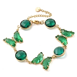 Butterfly Green Glass Link Chain Bracelets, with Golden Brass Chains, Butterfly, 9-1/4 inch(23.5cm), 60mm extender