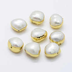 Golden Natural Cultured Freshwater Pearl Beads, Edge Golden Plated, Potato, Golden, 10~12x10~13x6~9mm, Hole: 0.5mm