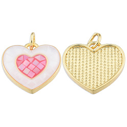 Hot Pink Brass Enamel Pendants, with Jump Rings and Shell, Real 18K Gold Plated, Nickel Free, Heart, Hot Pink, 15x16x3.5mm, Jump Ring: 5x1mm, 3mm inner diameter