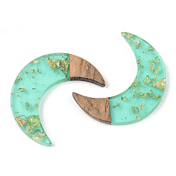 Бледно-бирюзовый Подвески из прозрачной смолы и ореха, золотой фольгой, луна, бледные бирюзовая, 28x22x3 мм, отверстие : 2 мм