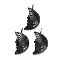 Larvikite Natural Larvikite Pendants, Moon Charms, with Brass Pave Cubic Zirconia Findings, Golden, 40~42x22~24x7~8mm, Hole: 4.5mm