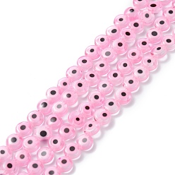 Pink Handmade Evil Eye Lampwork Flat Round Bead Strands, Pink, 6x3mm, Hole: 1mm, about 65pcs/strand, 14 inch