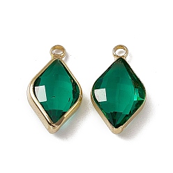 Emerald K9 Glass Pendants, Rhombus Charms, Faceted, with Light Gold Tone Brass Edge, Emerald, 18.5x10x5mm, Hole: 2.2mm