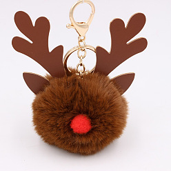 Saddle Brown Christmas Deer Antler Pom-Pom Keychain with Plush Elk Charm for Women's Handbag Gift