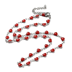 Red Ion Plating(IP) Golden 304 Stainless Steel Heart Link Chain Necklaces, with Enamel, Red, 17.72~17.91 inch(45~45.5cm)
