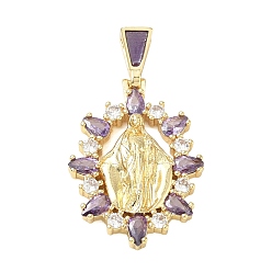 Lilac Religion Brass Pave Cubic Zirconia Pendants, with Enamel, Oval with Saint Benedict Charms, Lead Free & Cadmium Free, Long-Lasting Plated, Rack Plating, Real 18K Gold Plated, Lilac, 36mm, Pendant: 29x20x4mm, Hole: 5.5x3mm