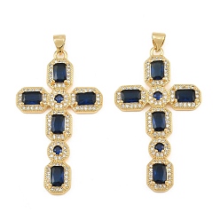 Dark Blue Brass Micro Pave Cubic Zirconia Pendants, Octagon Shaped Cross Charms, Cadmium Free & Lead Free, Golden, Dark Blue, 45.5x26x4.5mm, Hole: 5mm
