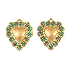 Teal 304 Stainless Steel Enamel Pendants, Heart with Flower Charm, Real 18K Gold Plated, Ion Plating(IP), Long-Lasting Plated, Teal, 22x18x2.5mm, Hole: 1.6mm