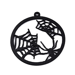 Spider Halloween Theme Imitation Leather Pendants, Flat Round, Black, Spider Web Pattern, 51~52x47x1mm, Hole: 2mm