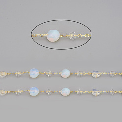 Opalite Handmade Opalite Beaded Chains, with Rondelle Glass Beads and Brass Cable Chains, Long-Lasting Plated, Unwelded, with Spool, Nuggets, Golden, Link: 2x1.5x0.3mm, Gemstone Beads: 6~12x6~6.5x4~4.5mm, Glass Beads: 4x3mm, about 32.8 Feet(10m)/roll