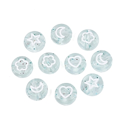 Aqua Transparent Acrylic Beads, Flat Round & Heart & Moon & Flower, with Glitter Powder, Aqua, 7x3.5~4mm, Hole: 1.5mm, about 3570pcs/500g