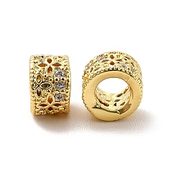 Real 18K Gold Plated Rack Plating Brass Micro Pave Cubic Zirconia Beads, Long-Lasting Plated, Cadmium Free & Lead Free, Column with Clover, Real 18K Gold Plated, 6x4mm, Hole: 3.5mm