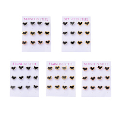 Mixed Color Heart 304 Stainless Steel Acrylic Stud Earrings, with Ear Nut, Mixed Color, 9x11mm, Pin: 0.8mm, 6 pairs/card