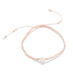 BrumosaRosa Nylon ajustable pulseras de cuentas trenzado del cordón, con cuentas de semillas japonesas y perlas, rosa brumosa, 2 pulgada ~ 2-3/4 pulgada (5~7.1 cm)
