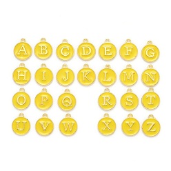 Gold Initial Letter A~Z Alphabet Enamel Charms, Flat Round Disc Double Sided Charms, Golden Plated Enamelled Sequins Alloy Charms, Gold, 14x12x2mm, Hole: 1.5mm, 26pcs/set