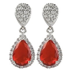 Красный Серьги-гвоздики из латуни с микропаве и кубическим цирконием, покрытие стойки, слеза, красные, 24x10 мм