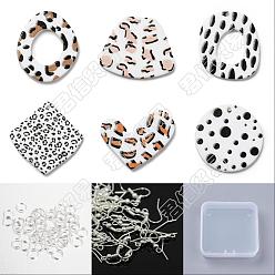 Mixed Color 24Pcs 6 Style Mixed Pattern Opaque Acrylic Pendants, for DIY Earring Accessories, with Iron Earring Hooks & Jump Ring, Rhombus & Heart & Flat Round, Mixed Color, 6~35x6~35x0.7~2mm, Hole: 1.5~2mm, 4pcs/style