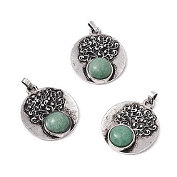Green Aventurine Natural Green Aventurine Alloy Pendants, Lead Free & Cadmium Free, Antique Silver, Flat Round with Tree, 28.5x24.5x6.5mm, Hole: 4x3.5mm